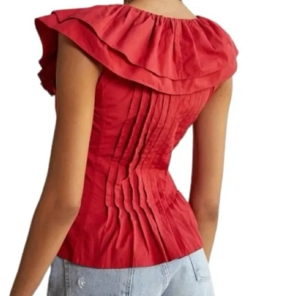 Anthropologie Forever That Girl Pintucked Ruffle Red Blouse Shirt ruffle medium - Picture 3 of 4